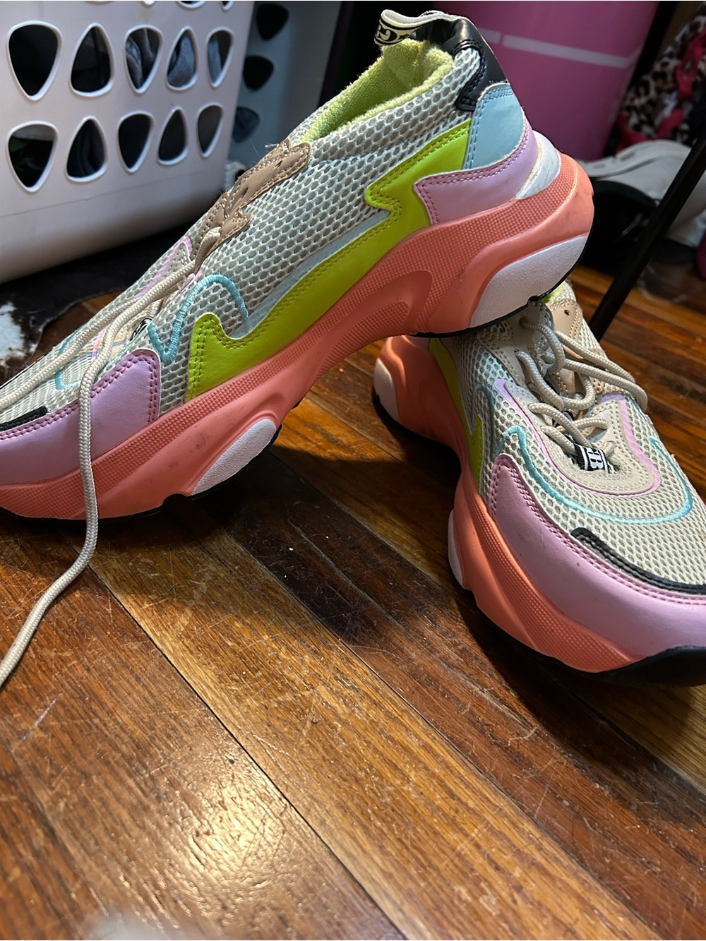 Chunky Pastel Mesh Sneakers in Pink, Lime & Coral